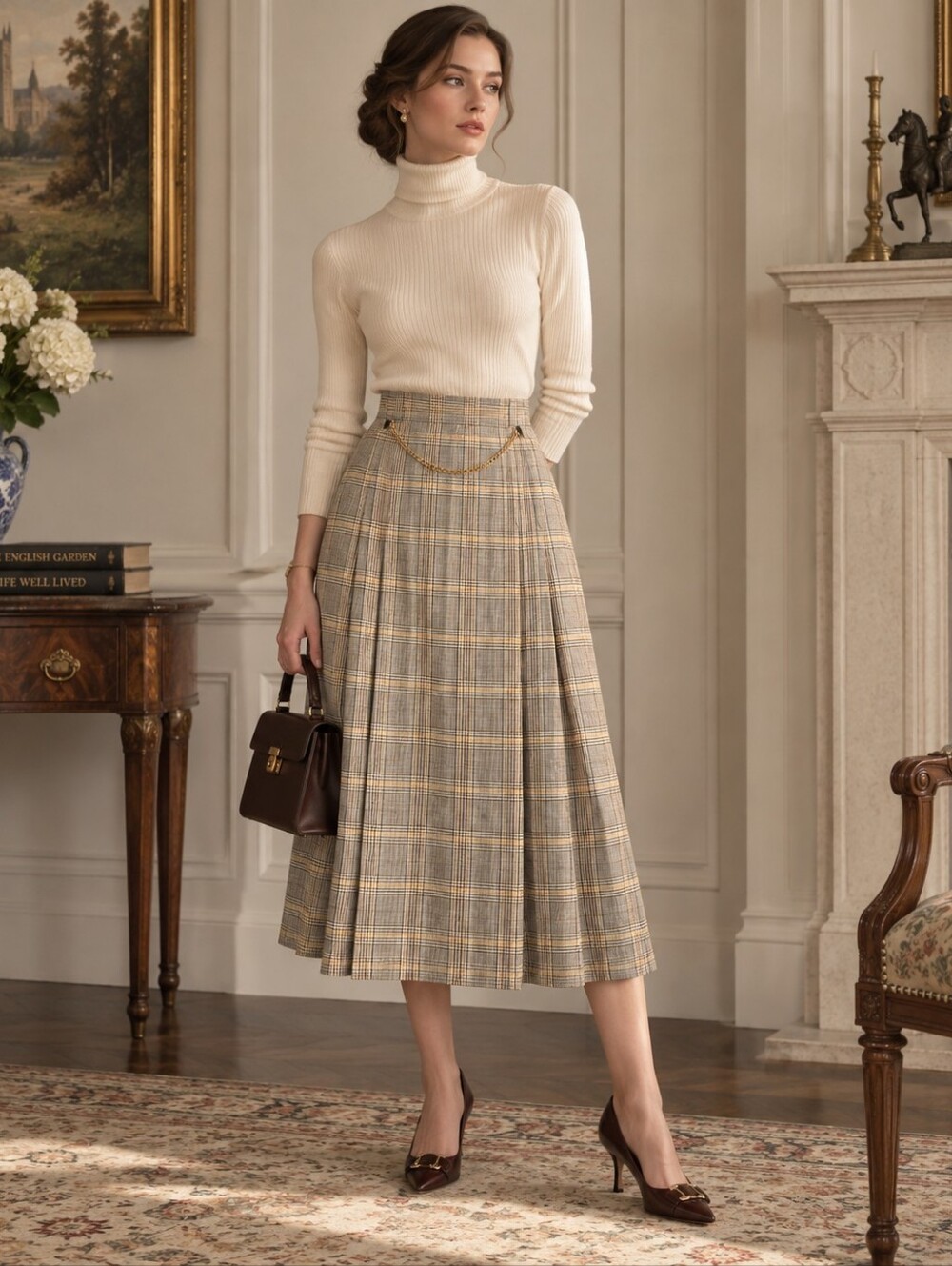 Victoria Beckham The Prince Of Wales Plaid Wool Skirt Size 2 Chain Detail EUC